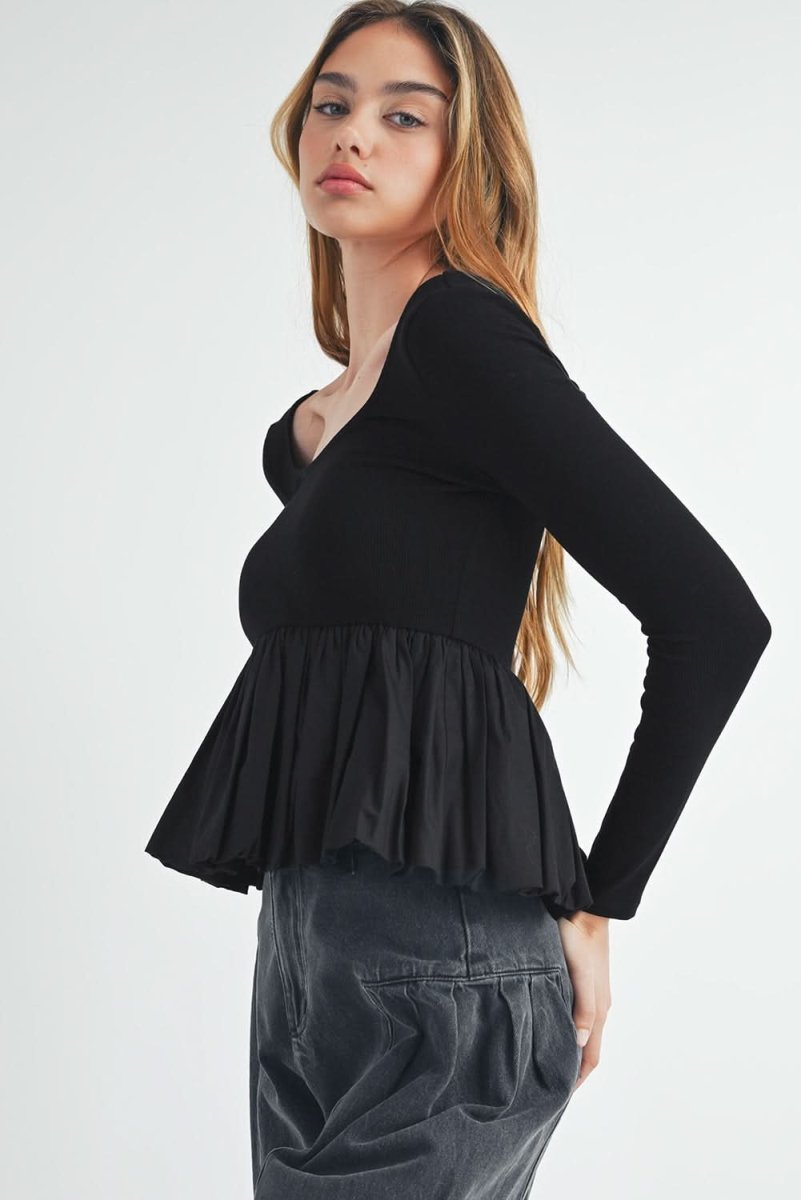 Black Ribbed Knit Long Sleeve Scoop Neck Peplum Patchwork Top - Love Salve